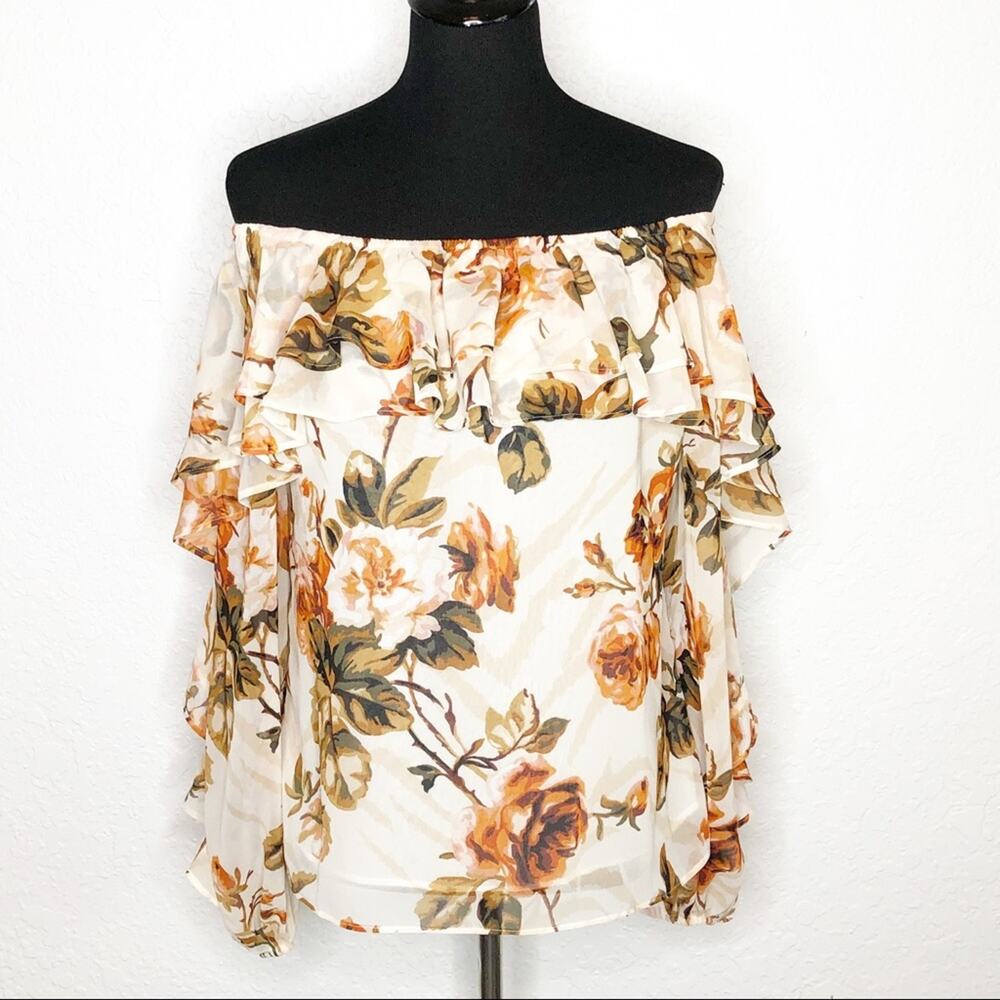 WHBM cream orange floral off shoulder ruffle sleeve top size Small